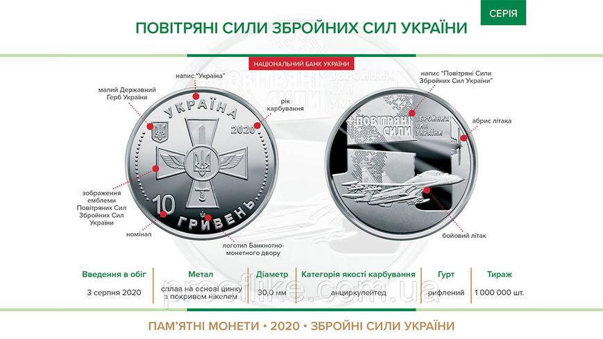 Повітряні Сили Збройних Сил України, монета 10 гривень, 2020 год POVITR10 фото