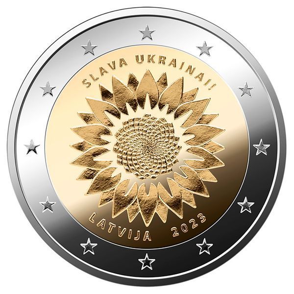 Монета номиналом 2 евро &laquo;Подсолнух для Украины&raquo;, Латвия, 2023 2EURO-LATVIA-2023 фото
