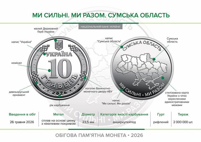 Памятная монета "Мы сильны. Мы вместе. Сумская область", 10 гривен, 2026 SUMY-STRONG10 фото