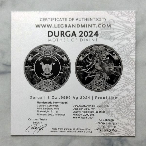 Срібна монета &laquo;Дурга-індуїстська богиня&raquo; з сертифікатом, 1 oz, prooflike, 2000 франків, Камерун, 2024 DURGA2 фото