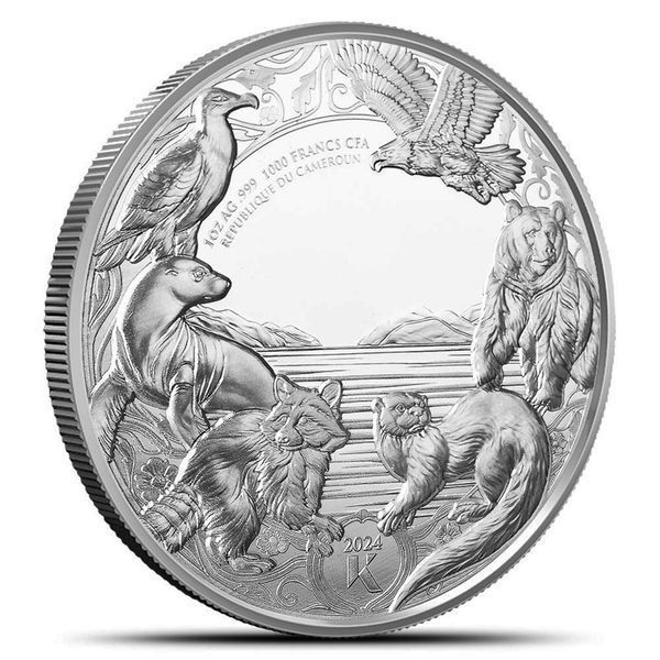 Серебряная монета "Выдра" (Otter) серии "Piscivore" (Рыбояные), пруфлайк, 1 oz серебра 999, Камерун, 2024 S-OTTER-2024 фото