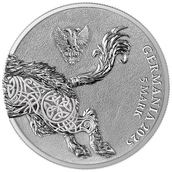 Серебряная монета "Гуллинбурсти", третья в серии "Germania Beasts", 5 марок, 1 унция серебра 9999, с сертификатом, 2025 GULLIN-2025 фото